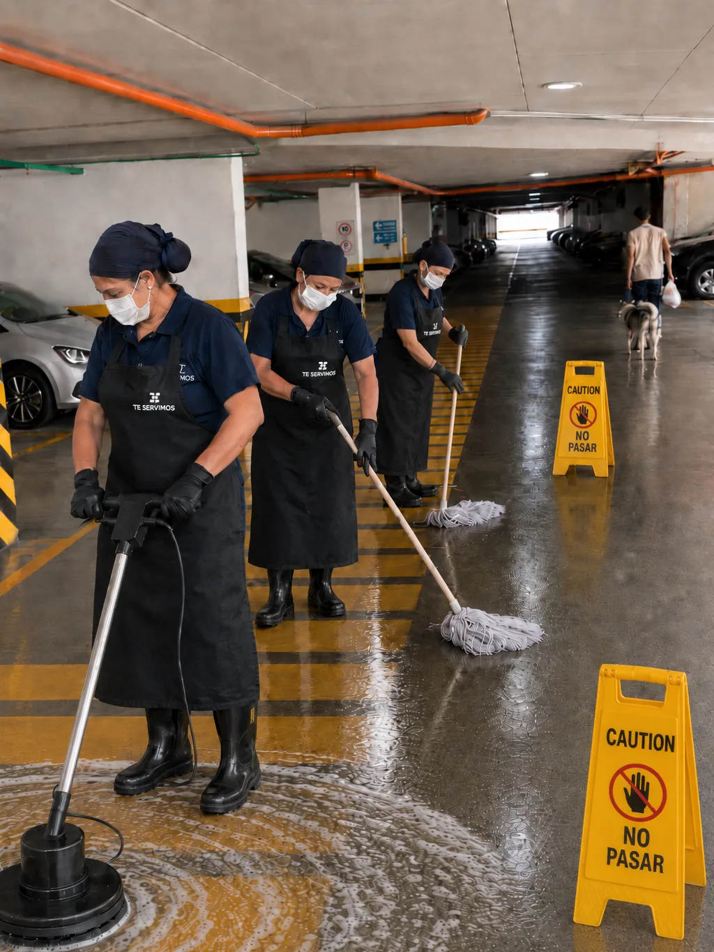 Equipo de Te Servimos brillando y trapeando el piso de un parqueadero