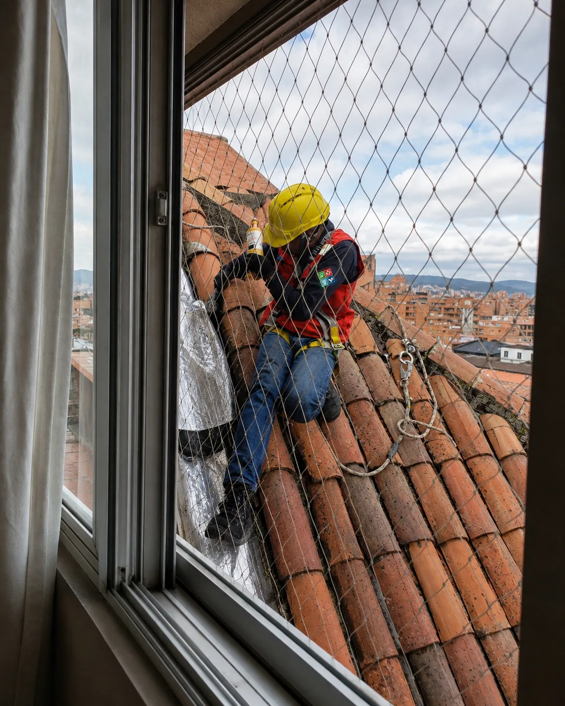 Operario de Te Servimos realizando mantenimiento en cubierta con arnés y casco de seguridad