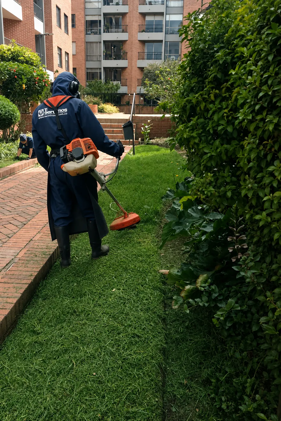 Operario de Te Servimos cortando césped con guadaña en las zonas verdes de un conjunto