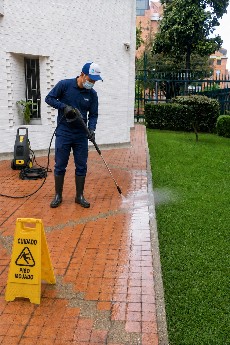 Operario de Te Servimos hidrolavando un sendero peatonal junto a la zona verde