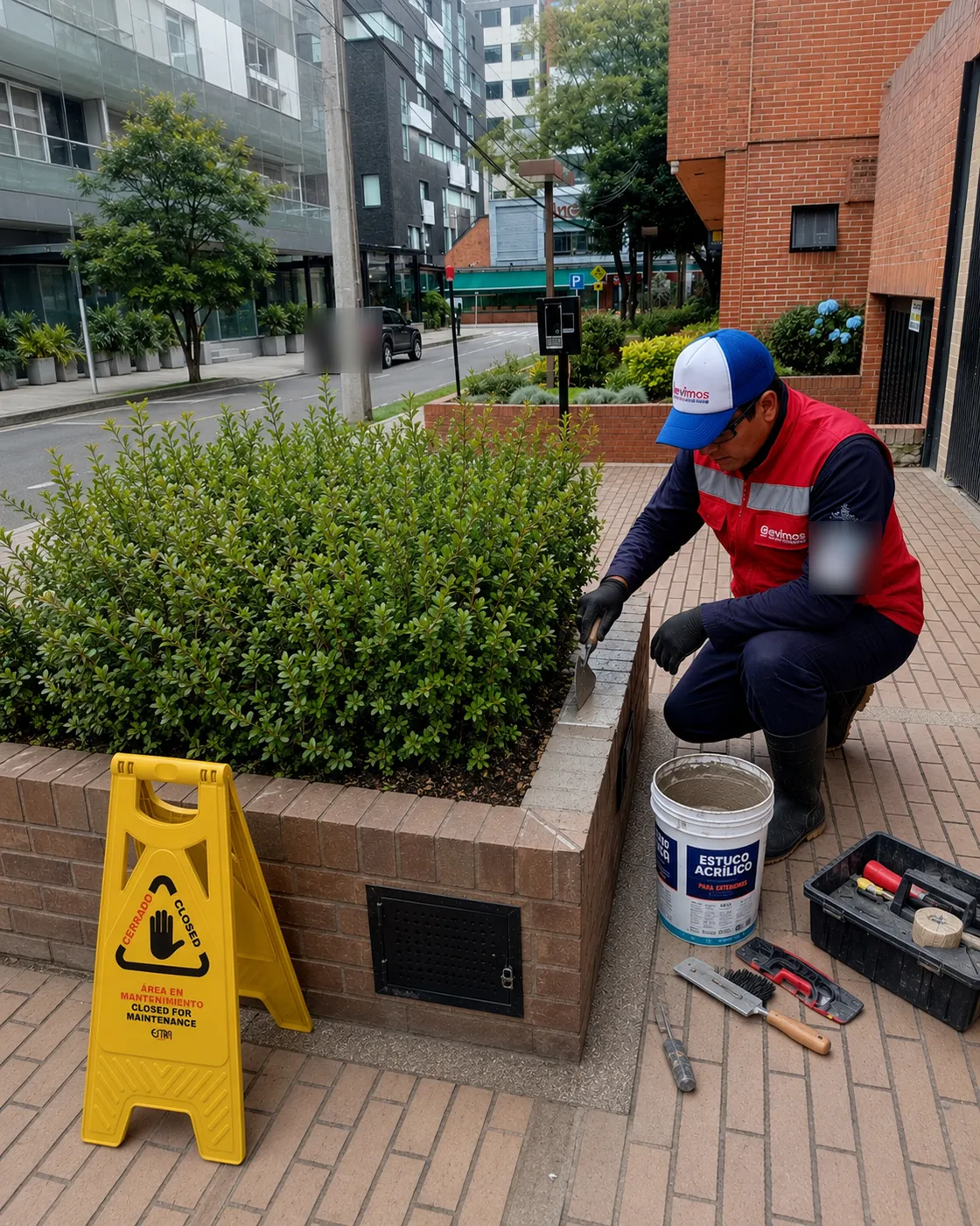 Operario de Te Servimos aplicando estuco acrílico en el muro de una jardinera, con señalización de área en mantenimiento