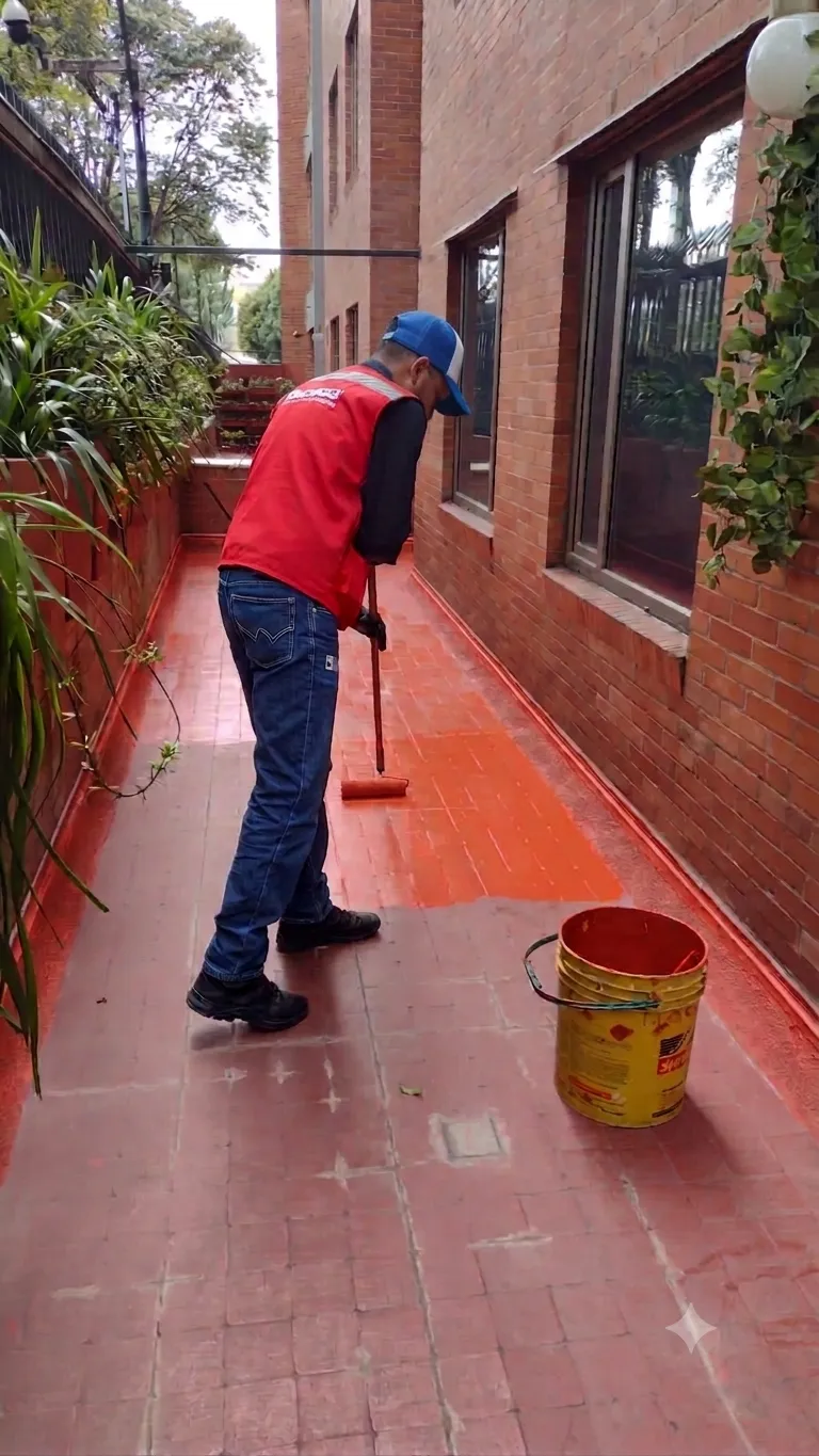 Operario de Te Servimos aplicando pintura al piso de un corredor exterior