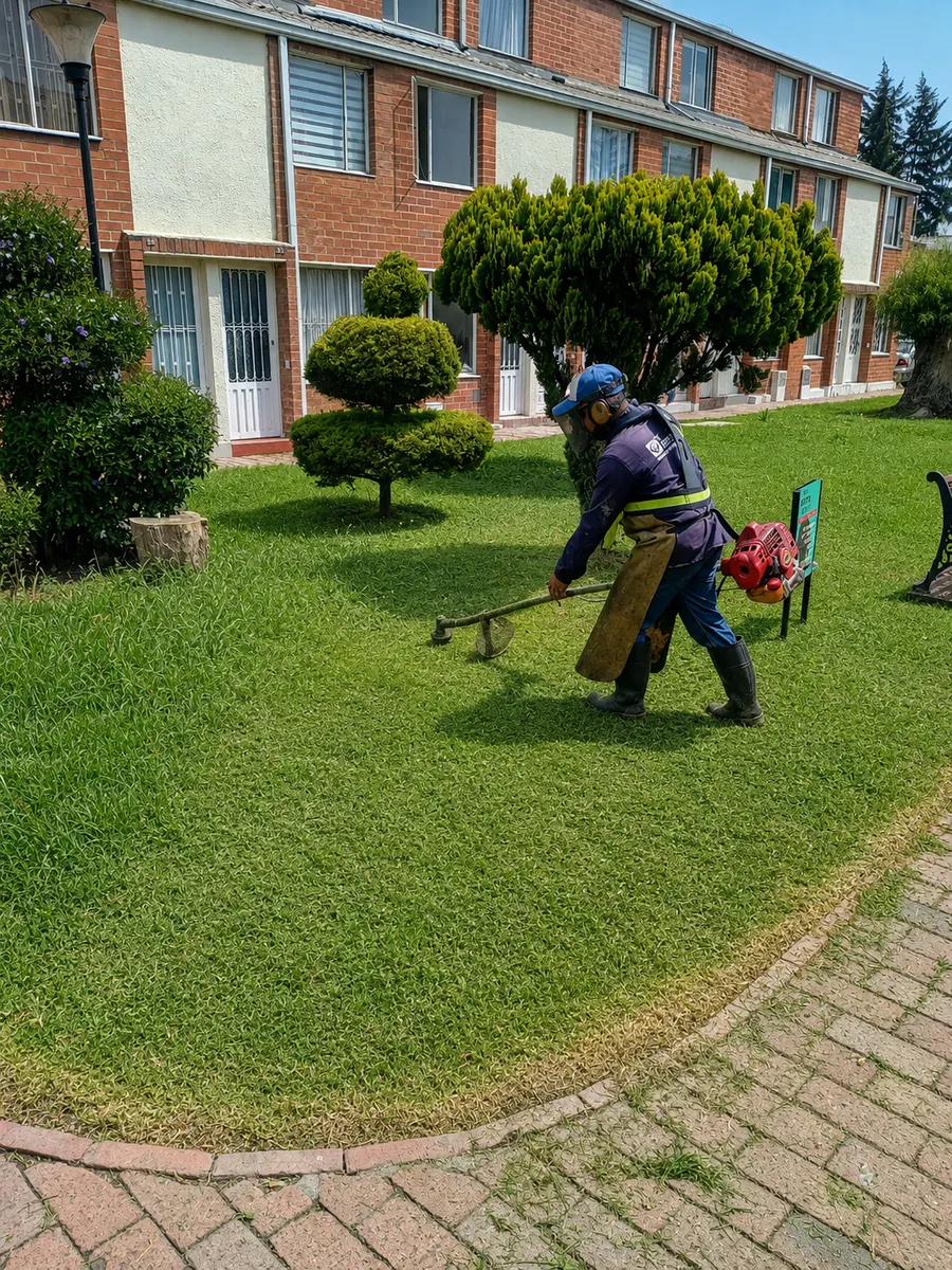 Operario de Te Servimos cortando el césped de las zonas verdes de un conjunto residencial