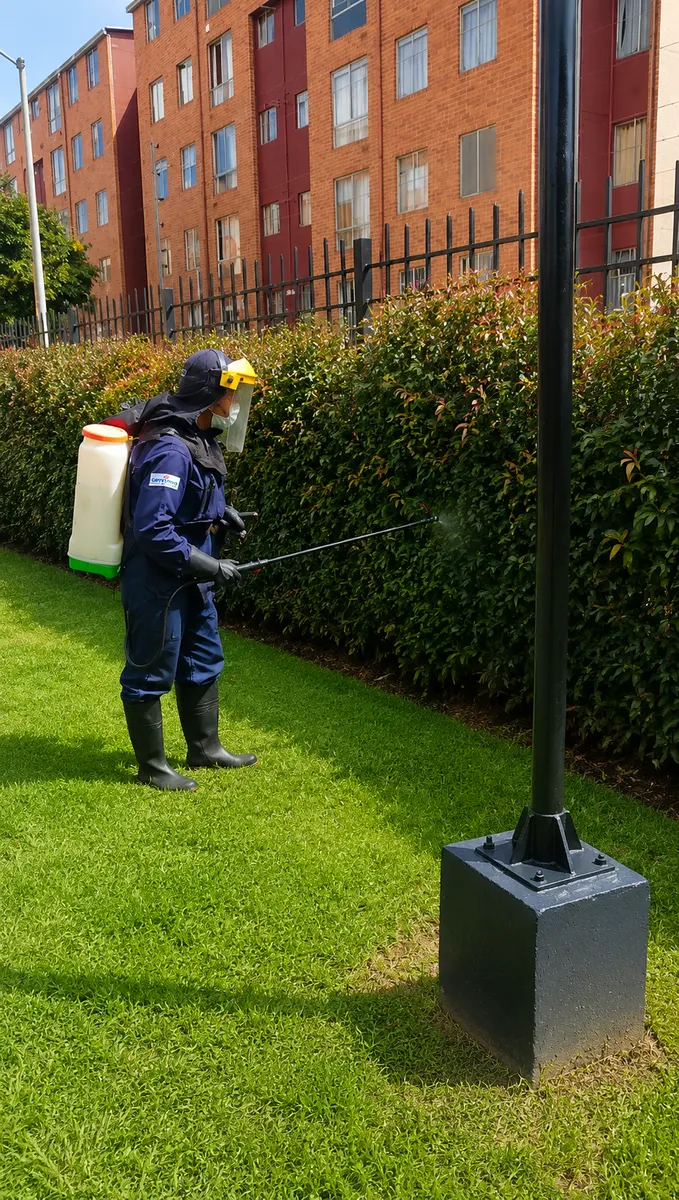 Operario de Te Servimos fumigando setos con aspersor de espalda y equipo de protección