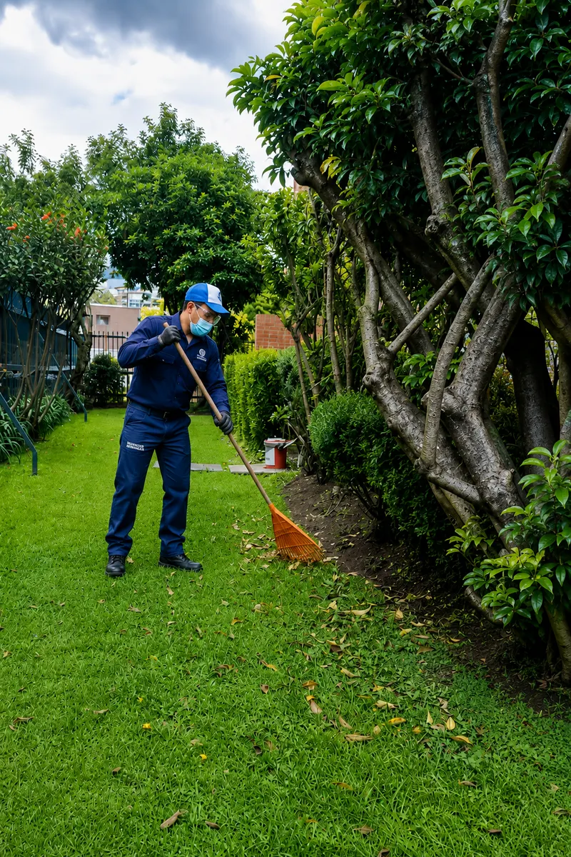 Operario de Te Servimos recogiendo hojas con rastrillo en el jardín